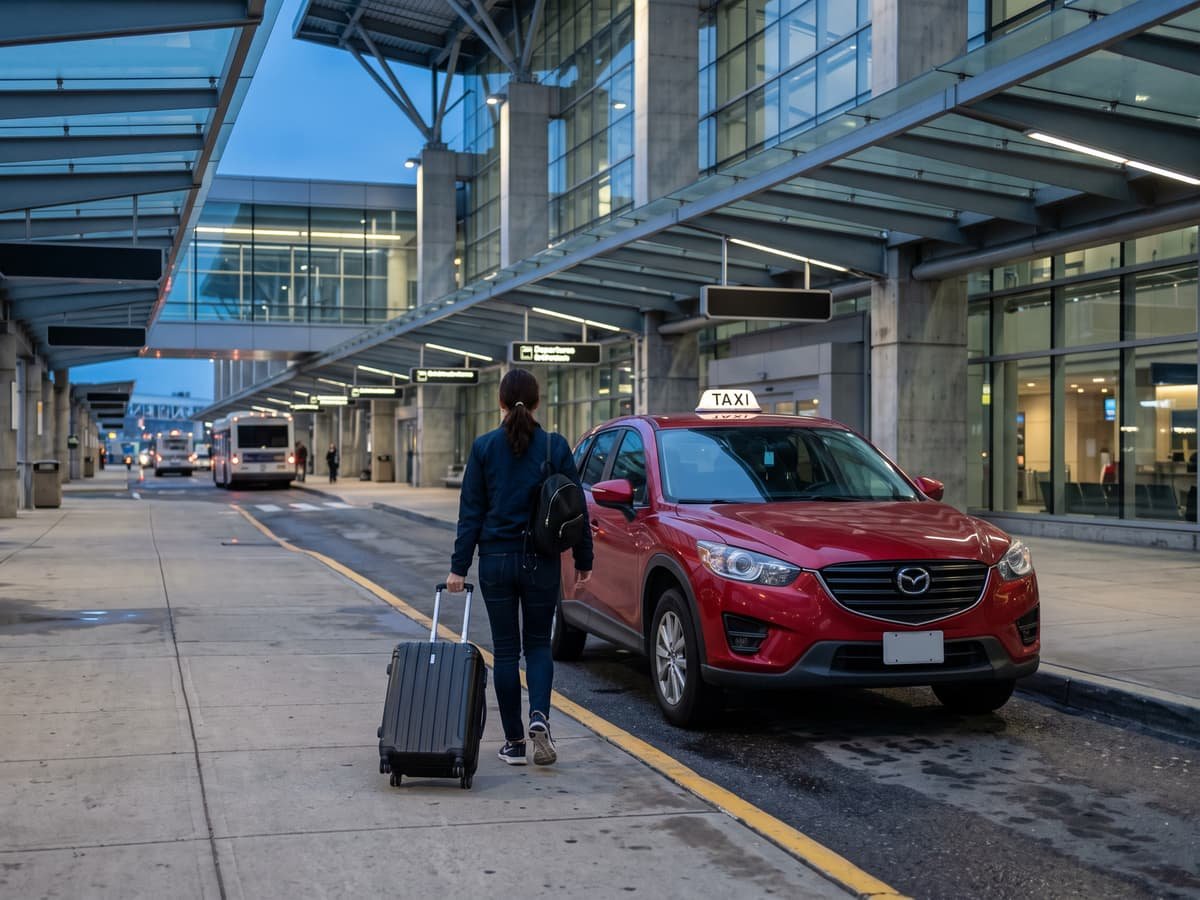 Viajera con su maleta junto al taxi rojo en el carril de salidas del aeropuerto de Tampa