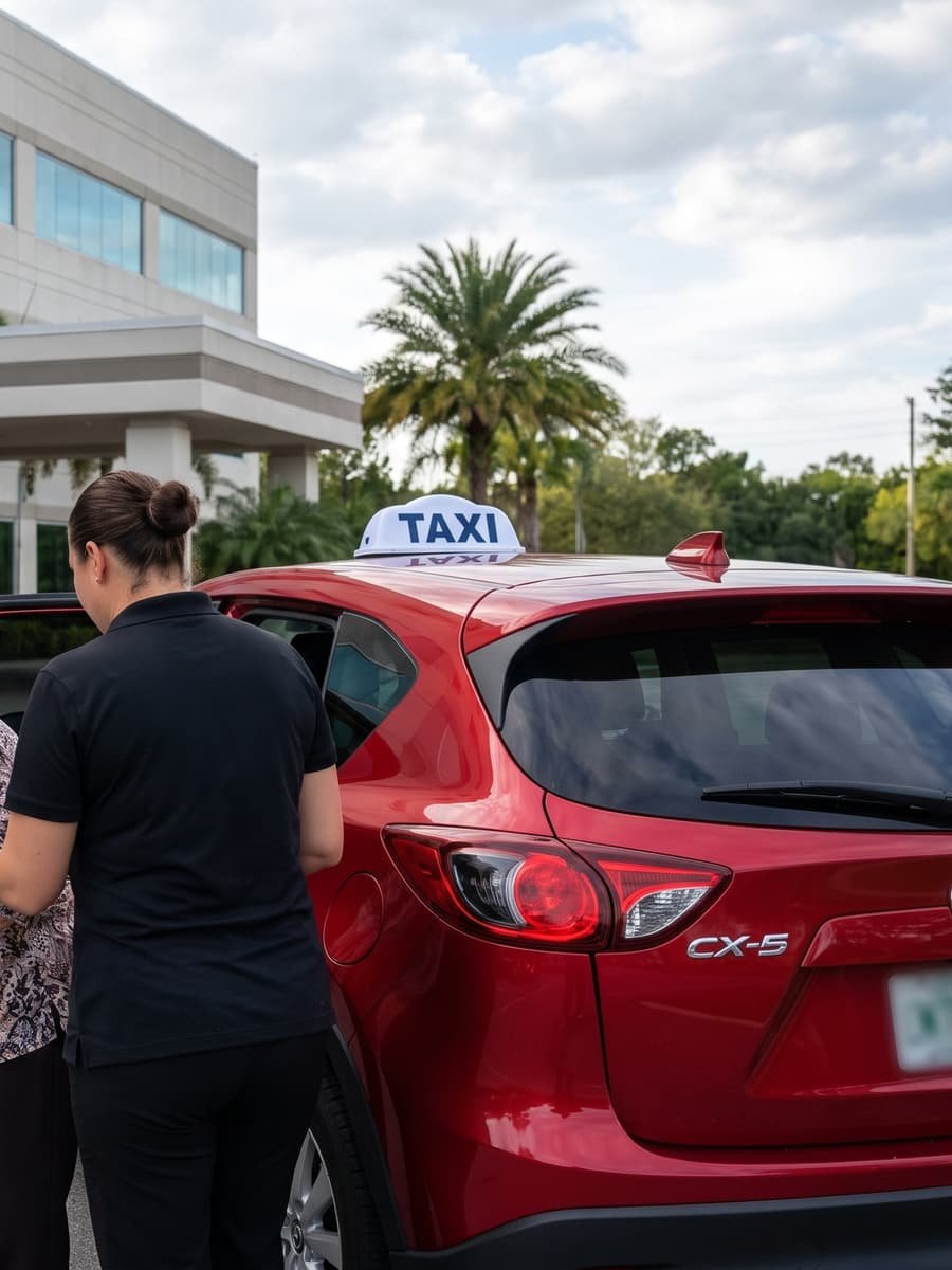Conductora asiste a una señora mayor al bajar del taxi frente a un edificio médico