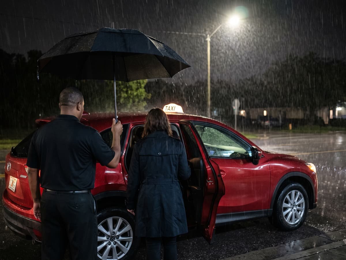 Conductor con paraguas recibe a una pasajera bajo la lluvia junto al taxi rojo