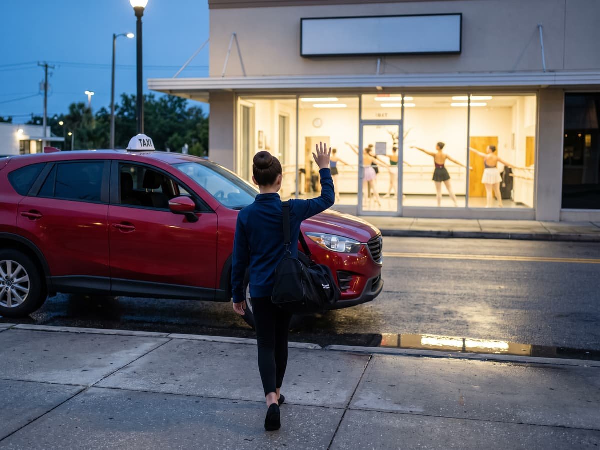 Niña con bolso de danza se despide junto al taxi frente al estudio iluminado