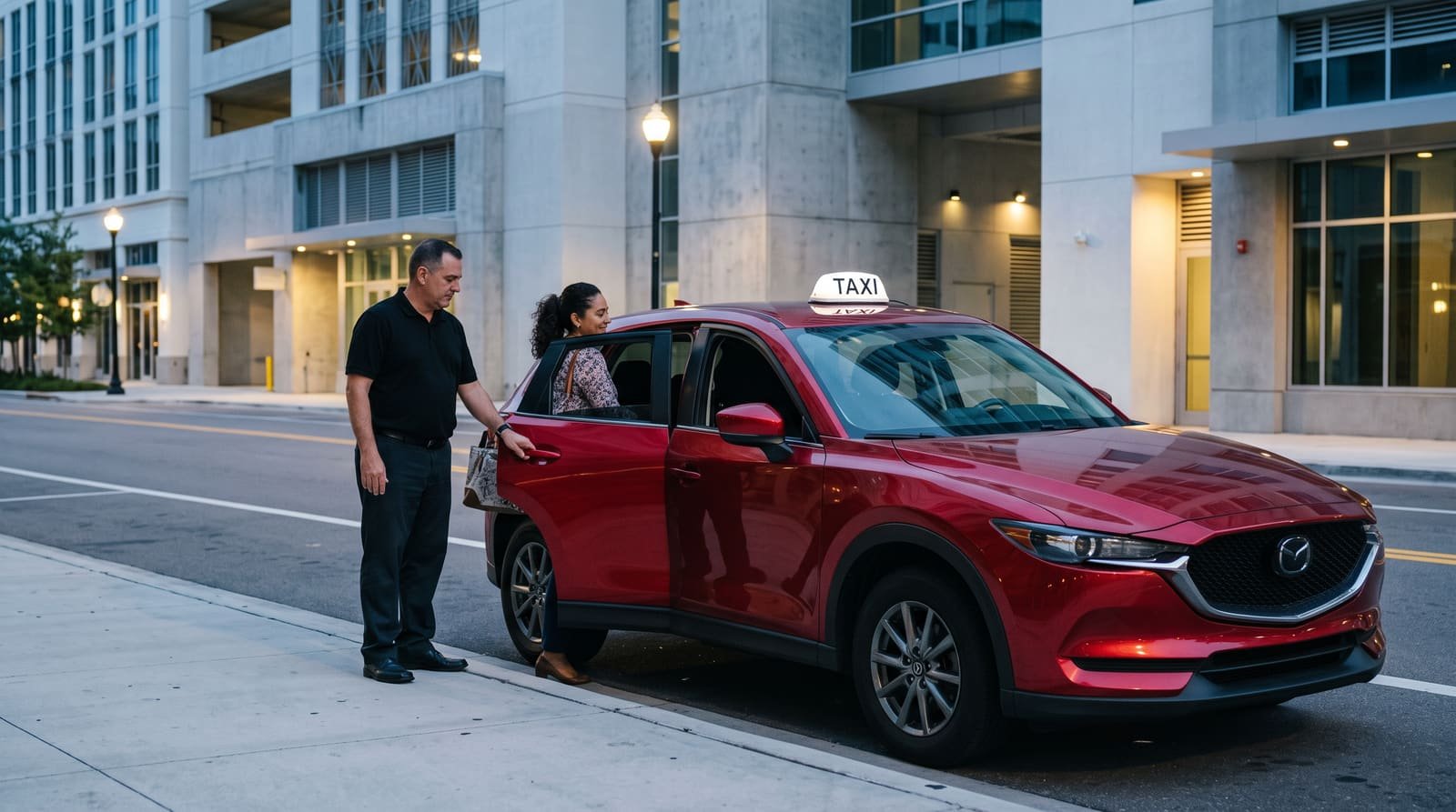 Conductor de Latino Express sostiene la puerta del taxi rojo a una pasajera en Tampa